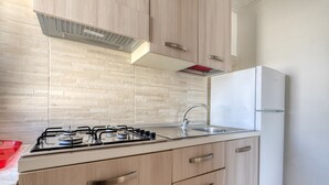 Una cocina moderna con estufa a gas, pileta de acero inoxidable y refrigerador blanco.