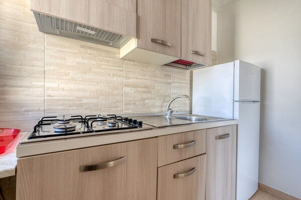 Une cuisine moderne équipée d’une cuisinière à gaz, d’un évier en acier inoxydable et d’un réfrigérateur blanc.