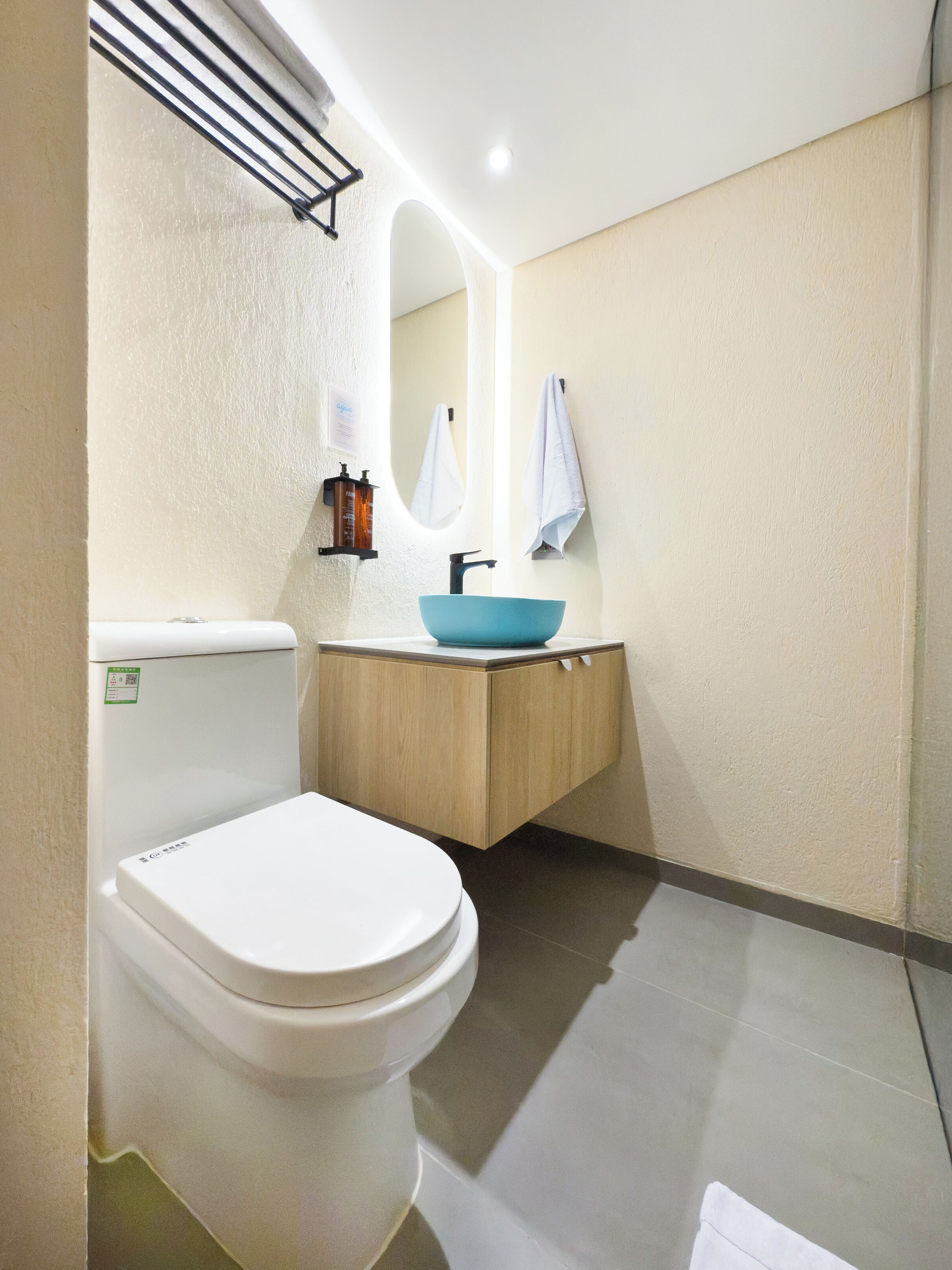 A modern bathroom with a white toilet, a blue sink, and a mirror above the sink.