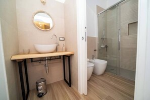 Shower, hair dryer, bidet, towels