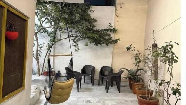 Un intérieur moderne agrémenté d’un fauteuil suspendu, de plantes en pot et d’un sol carrelé.