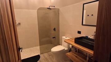 Shower, towels, soap, toilet paper