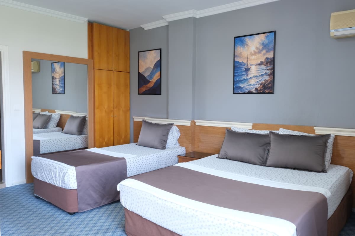 Habitación triple clásica, balcón, vista al jardín | Minibar, escritorio, espacio para trabajar con laptop y insonorización