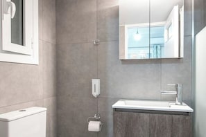 Douche, sèche-cheveux, serviettes fournies, savon