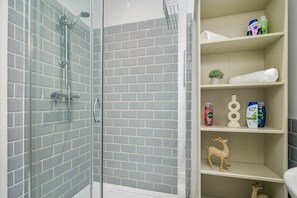 Shower, hair dryer, towels