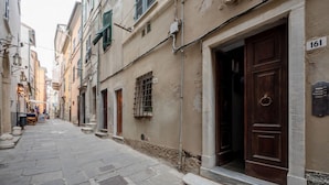 Una estrecha calle con pavimento de piedra, edificios con puertas de madera y el número 161 visible a la derecha.
