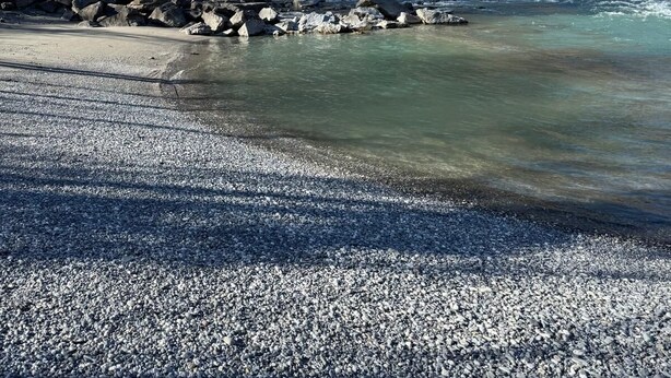 A river with a rocky shore, a bridge, and a mountain in the background.