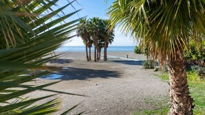 Un sendero de grava que lleva a una playa con palmeras y una vista despejada del océano.