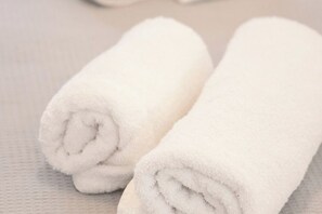 Douche, sèche-cheveux, serviettes fournies, savon