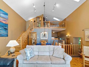 Smart TV, fireplace, books, video library