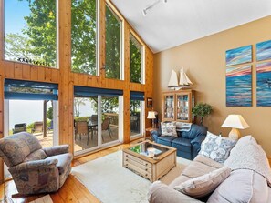 TV connectée, cheminée, livres, vidéothèque