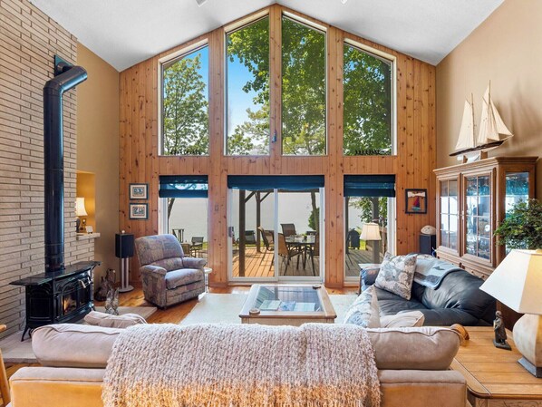 Smart TV, fireplace, books, video library