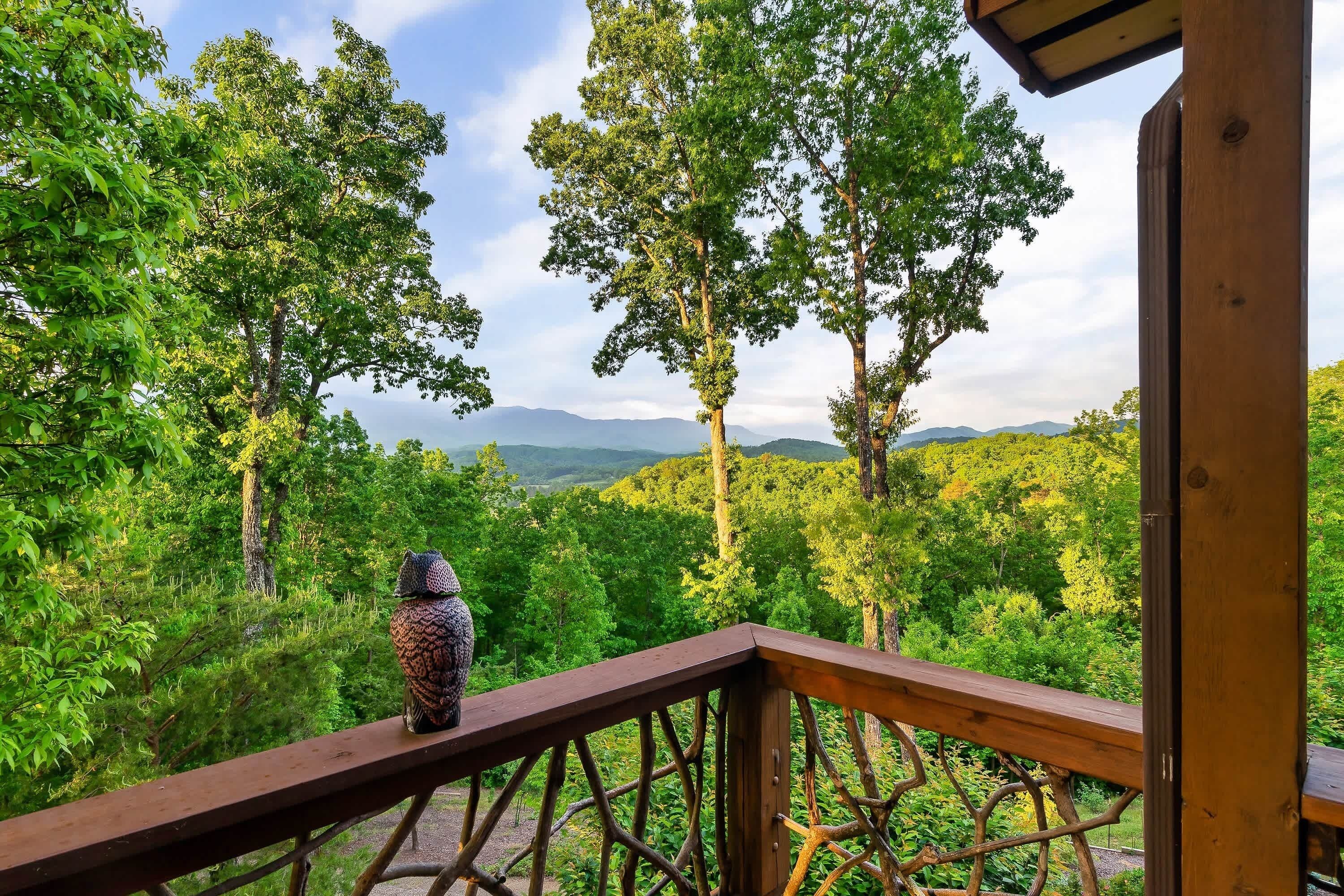 A wooden deck with a view of a forested landscape and distant mountains.