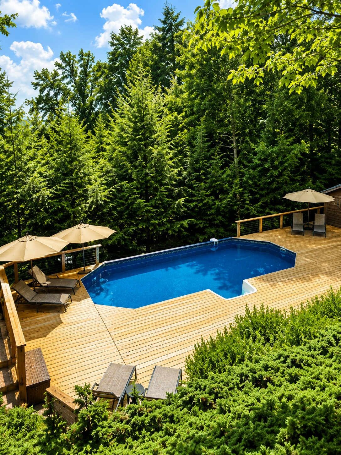 Ein Schwimmbecken, umgeben von einer Holzterrasse, mit Liegestühlen und Sonnenschirmen.