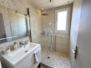 Shower, hair dryer, towels