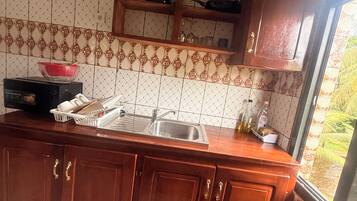Una cocina con armarios de madera, un fregadero y un ventanal con vistas a follaje.