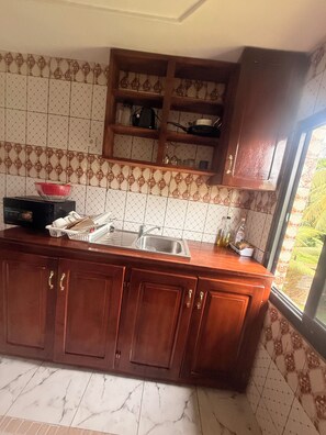 A kitchen with wooden cabinets, a sink, and a window with a view of greenery.