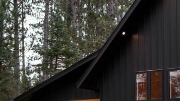 A modern cabin with a large glass door entrance, a fire pit outside, and a view of tall trees in the background.