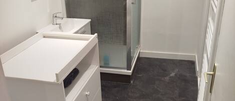 Shower, hair dryer, towels, toilet paper