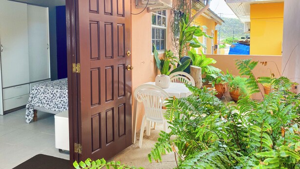 A room with a bed, a table with chairs, and a potted plant. - Cozy & Central Stay in Curaçao (Willemstad)