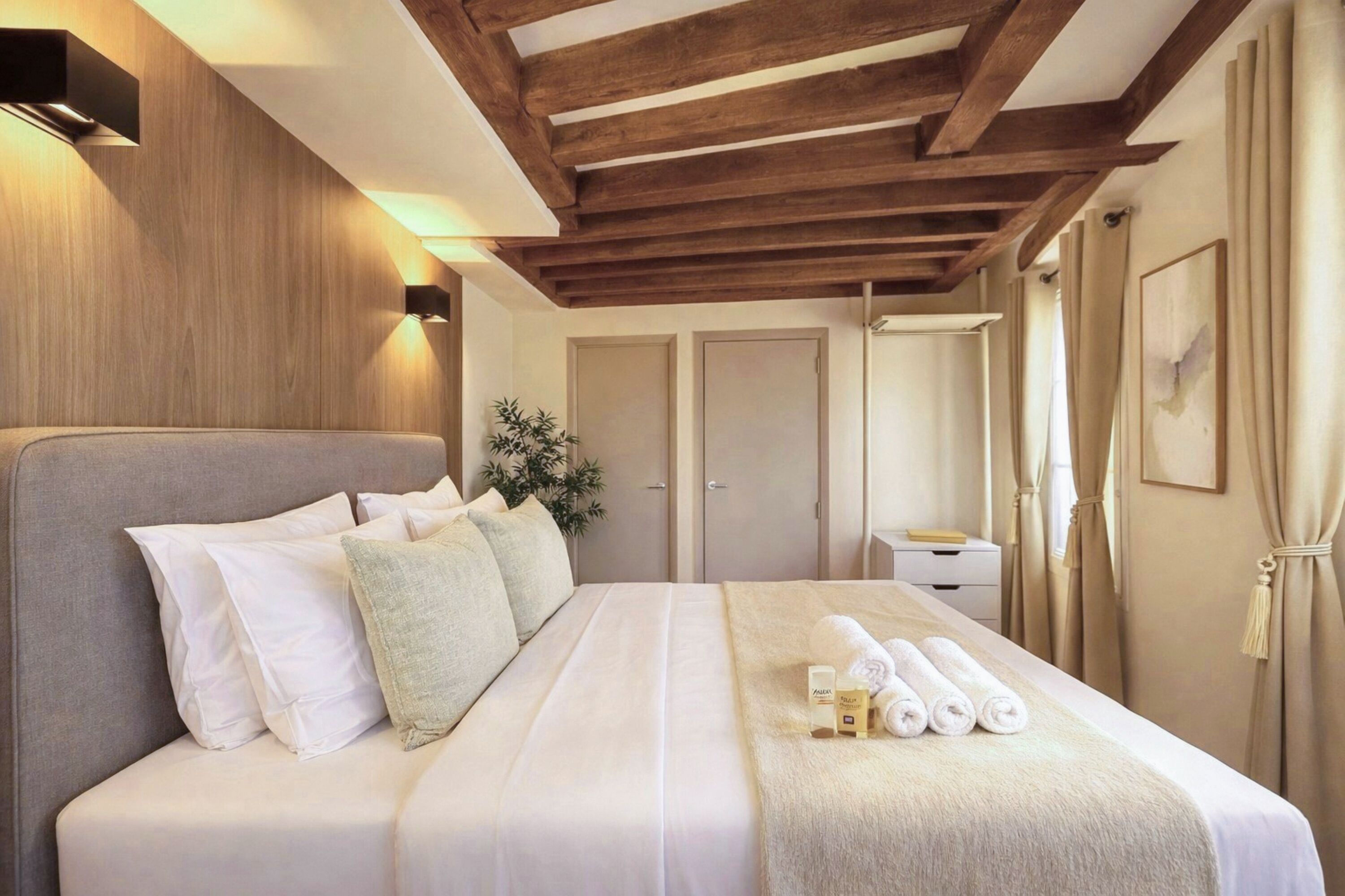 Quarto de hotel com cama, mesa de cabeceira, espelho e janela com cortinas.