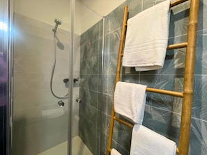 Douche, sĂšche-cheveux, bidet, serviettes fournies