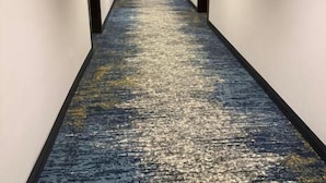 A hallway with a textured carpet, walls, and a door at the end.