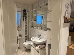 Hair dryer, towels, soap, shampoo