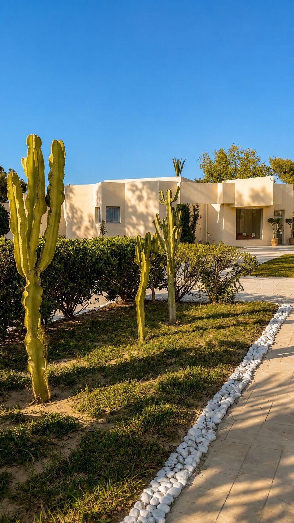 Un bâtiment moderne avec un chemin pavé et des cactus au premier plan.