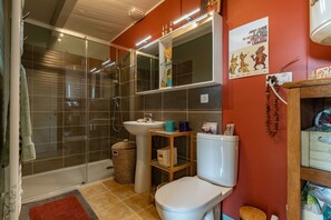 Shower, hair dryer, towels