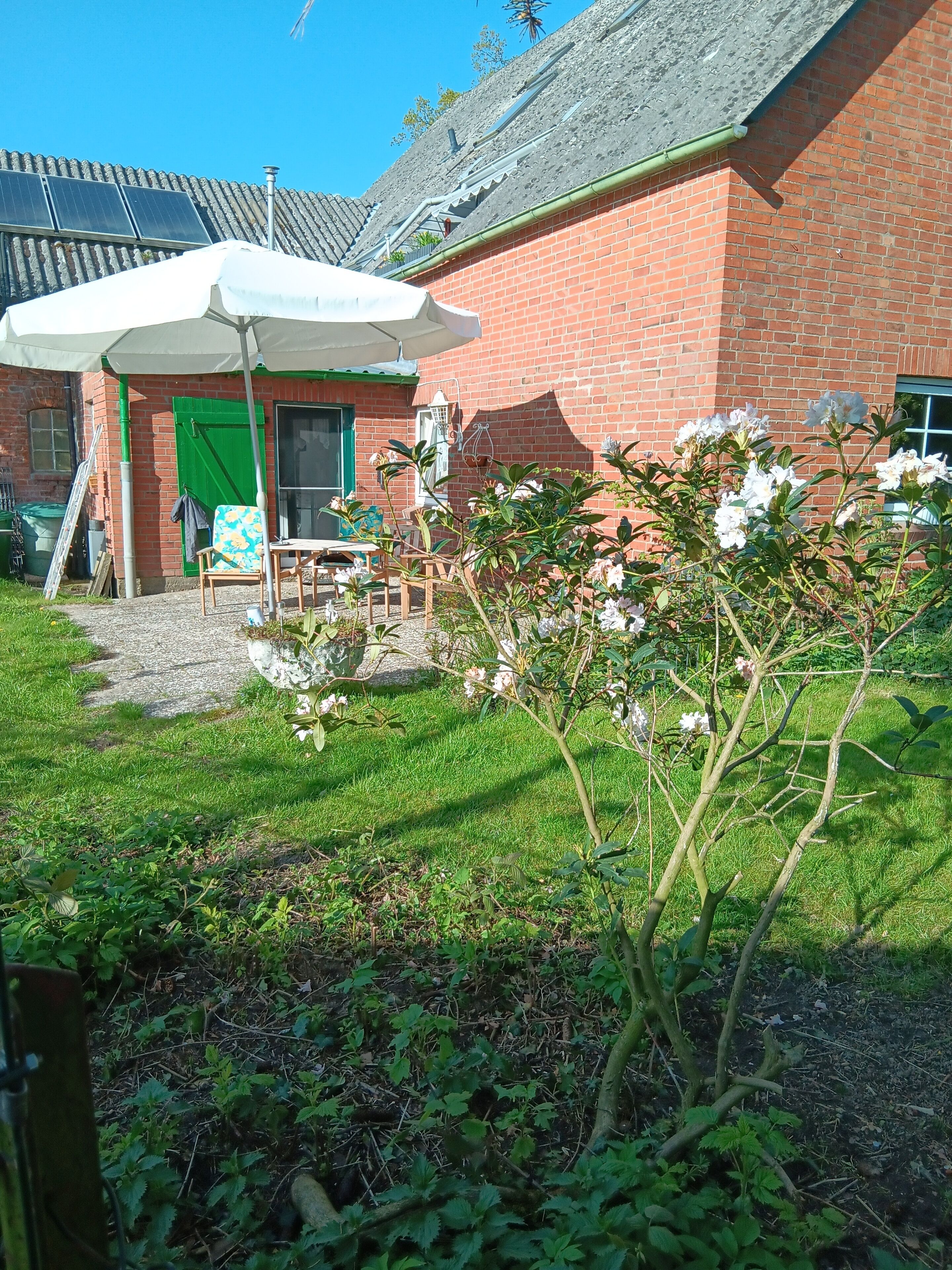 A brick building with a green door, a covered outdoor seating area, and a garden with flowering plants.