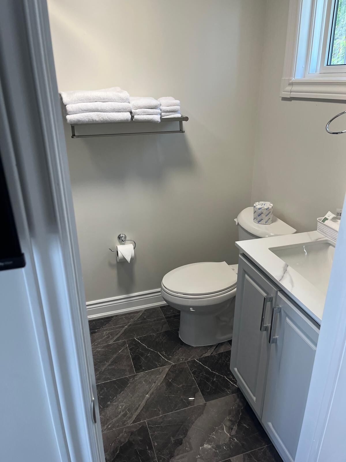 A bathroom with a toilet, a sink, a towel rack, and a toilet paper holder.