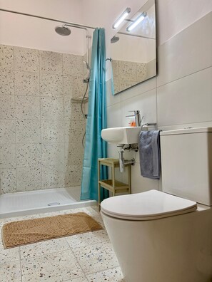Regadera, secadora de cabello, toallas, papel de baño