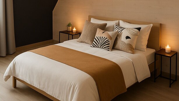 A modern bedroom with a sloped ceiling, a large bed with multiple pillows, two bedside tables with candles, and a small plant on one table. - Gentle getaway near Beauval and the Châteaux (Romorantin-Lanthenay)