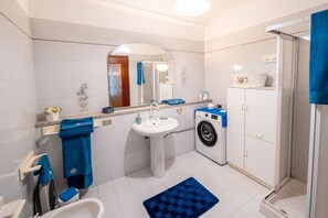 Shower, hair dryer, bidet, towels