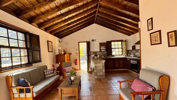 Amplia sala de estar con un alto techo de madera, un sofá, una mesa de centro y una cocina al fondo.