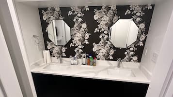 Hair dryer, towels, soap, toilet paper