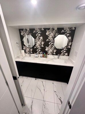 Hair dryer, towels, soap, toilet paper