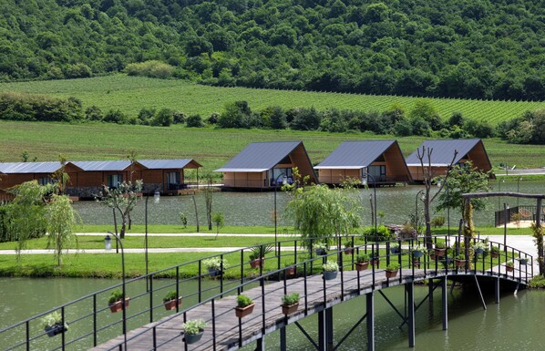 Une rangée de cabanes modernes, dotées de toits triangulaires, se trouve au bord d’un lac, avec un pont en bois et des plantes en pot.