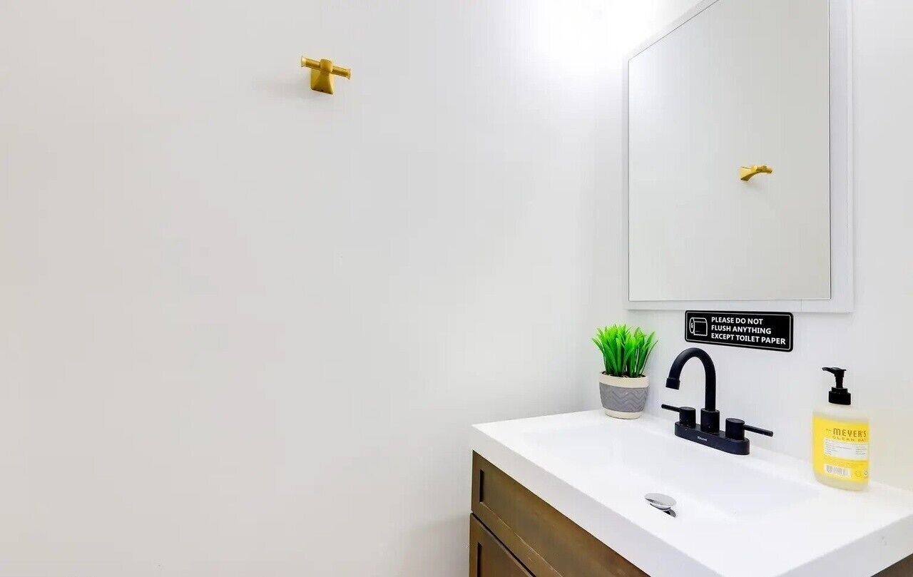 A bathroom with a white sink, a black faucet, a gold faucet handle, a potted plant, a bottle of soap, and a sign instructing not to flush anything except toilet paper.
