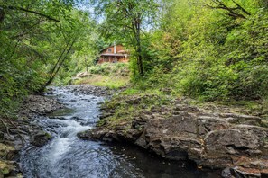 A cabin surrounded by dense forest, a flowing stream, and rocky terrain.
