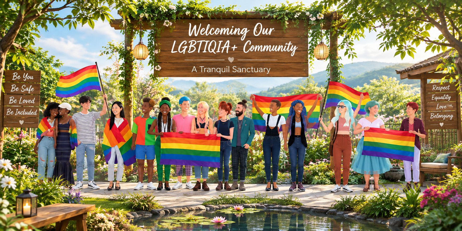 Um grupo de pessoas segurando bandeiras do arco-íris em frente a uma placa de boas-vindas à comunidade LGBTQIA+.
