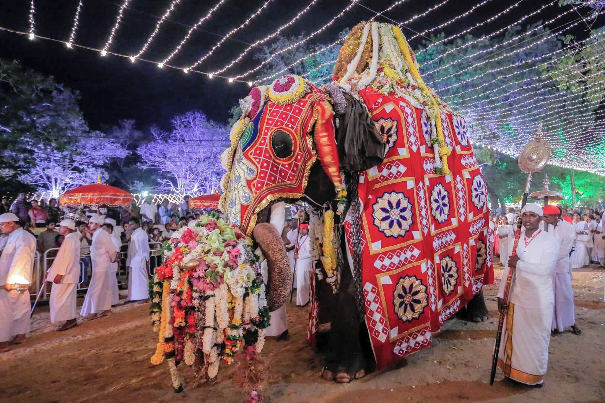 En elefant prydd med färgstarka dekorationer och blomstergirlanger, omgiven av människor i traditionella dräkter.