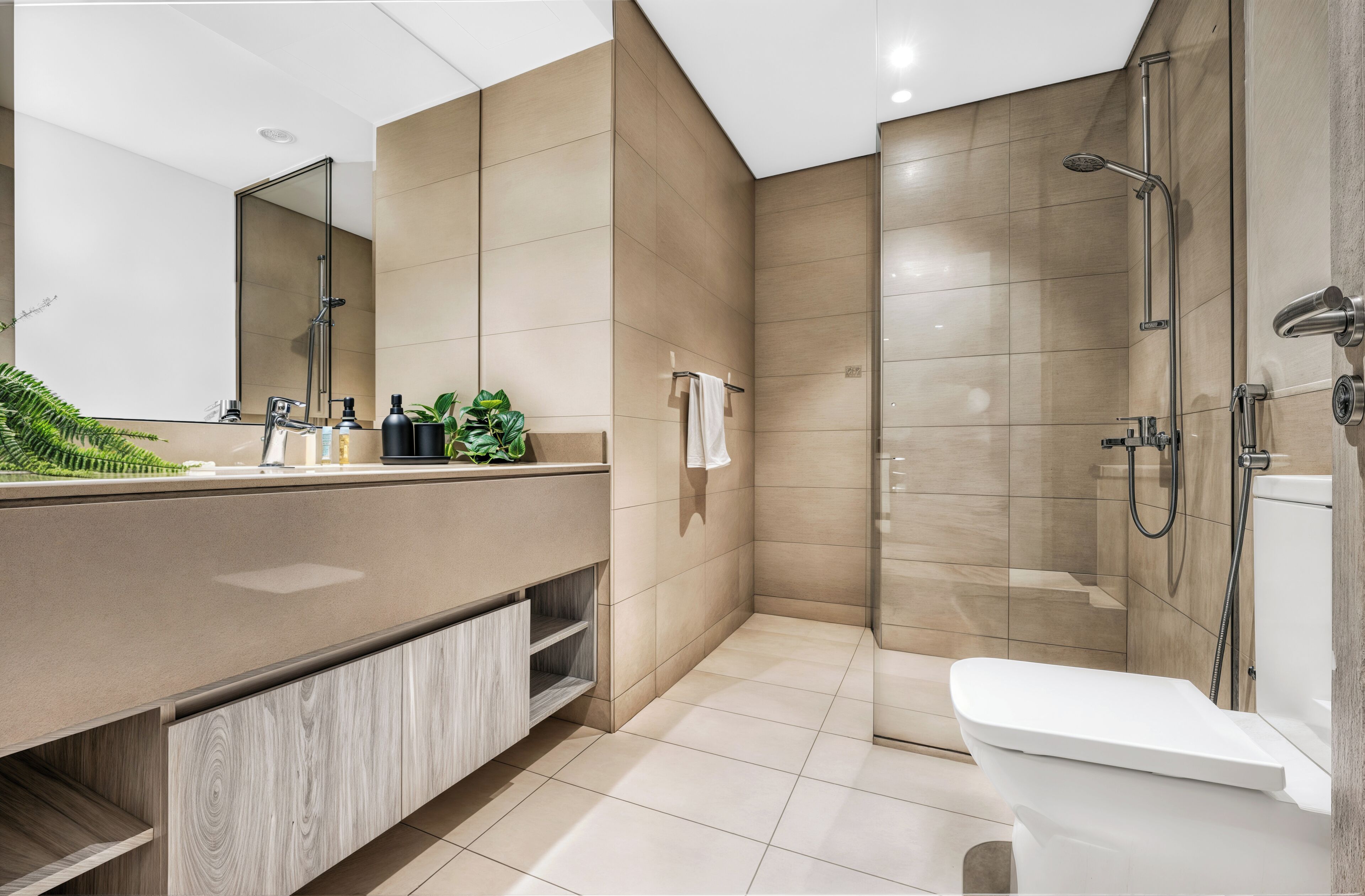 Een moderne badkamer met een grote spiegel, een douche en een toilet.