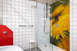 Shower, hair dryer, towels