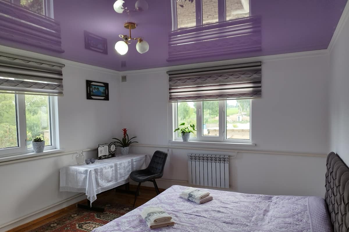 A bedroom with a bed, a desk, and two windows.