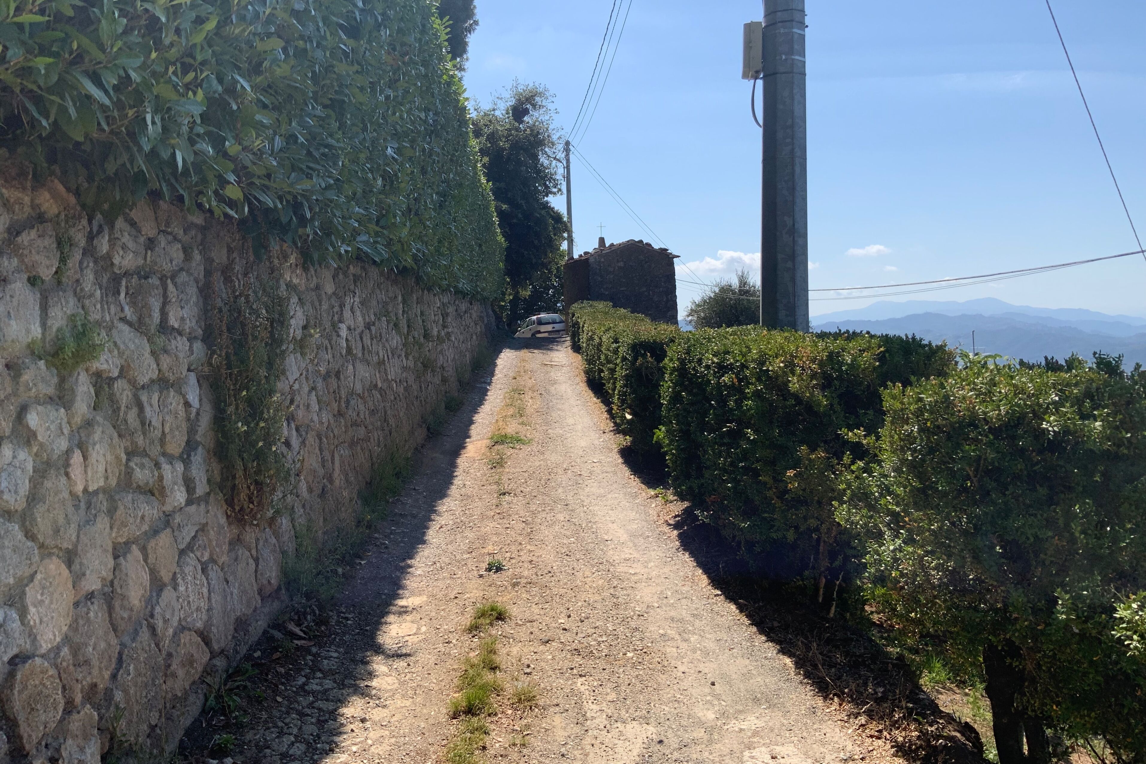 A narrow, unpaved path flanked by stone walls and dense greenery, leading towards a distant structure.