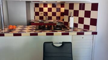 Een microgolfoven, een oven, een kookplaat, een vaatwasser