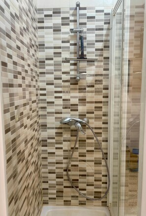 Shower, hair dryer, towels, toilet paper