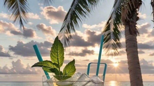 A glass of iced drink with lime and mint on a wooden table with a sunset beach view. - Hotel Village Penareia (Tarrafal)